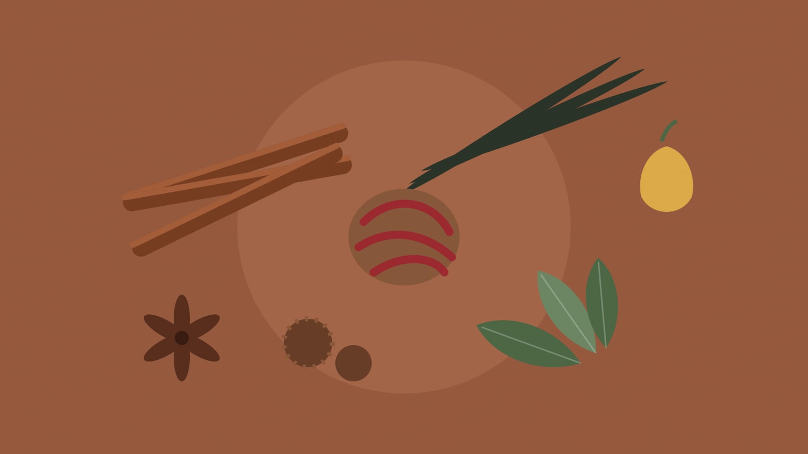 Illustration : Épices de Martinique : cannelle, vanille, muscade et bois d'Inde